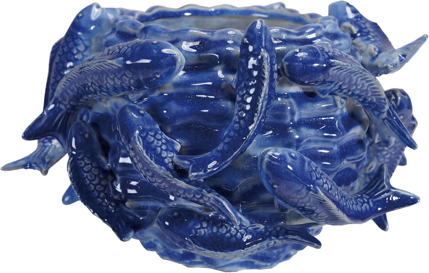 Maceta gres hecha a mano con peces 3D azul