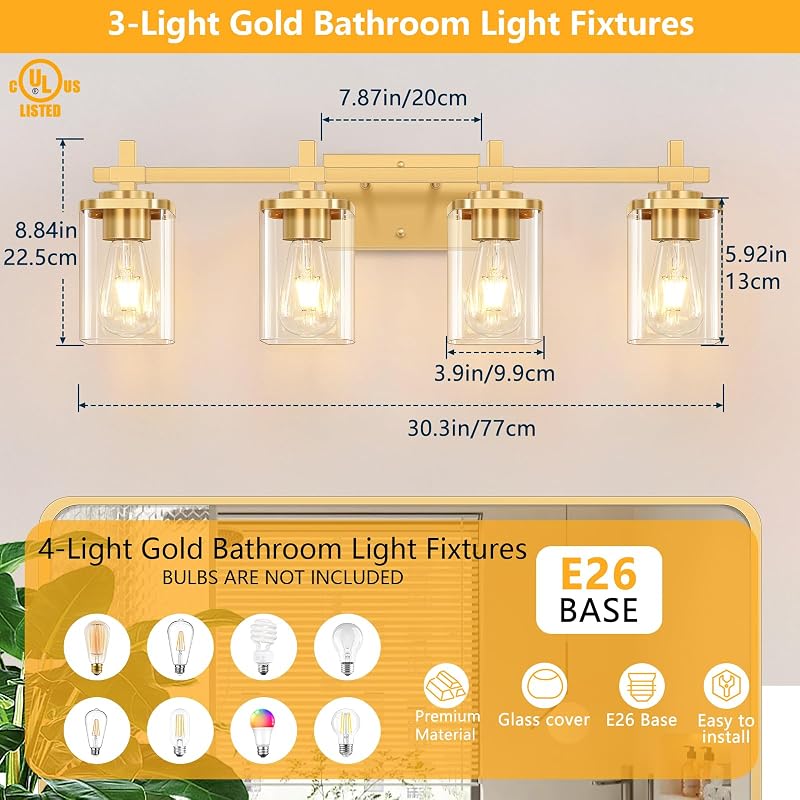 4 Luces baño doradas sobre espejo con pantalla vidrio
