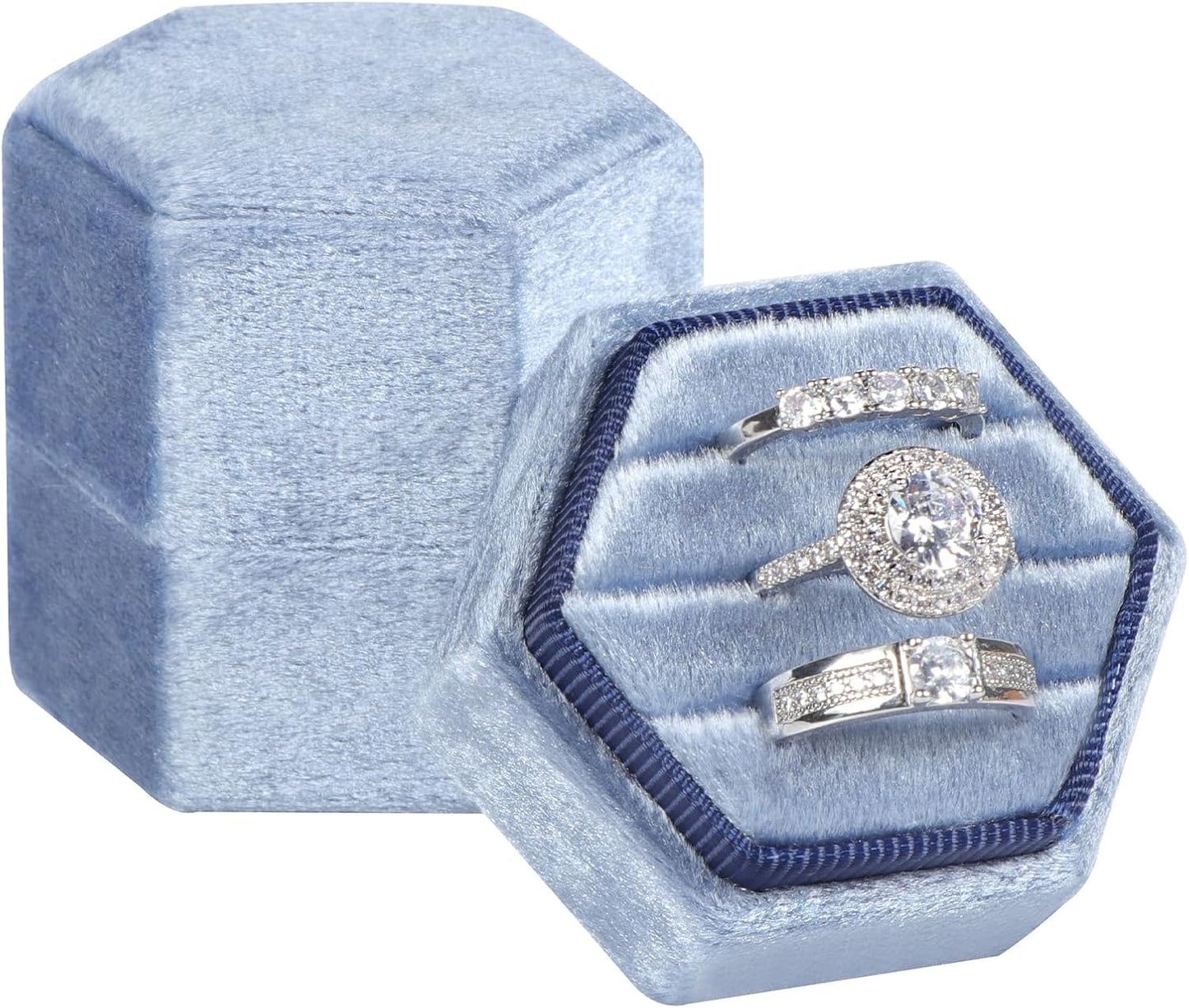 Caja terciopelo anillos compromiso hexagonal