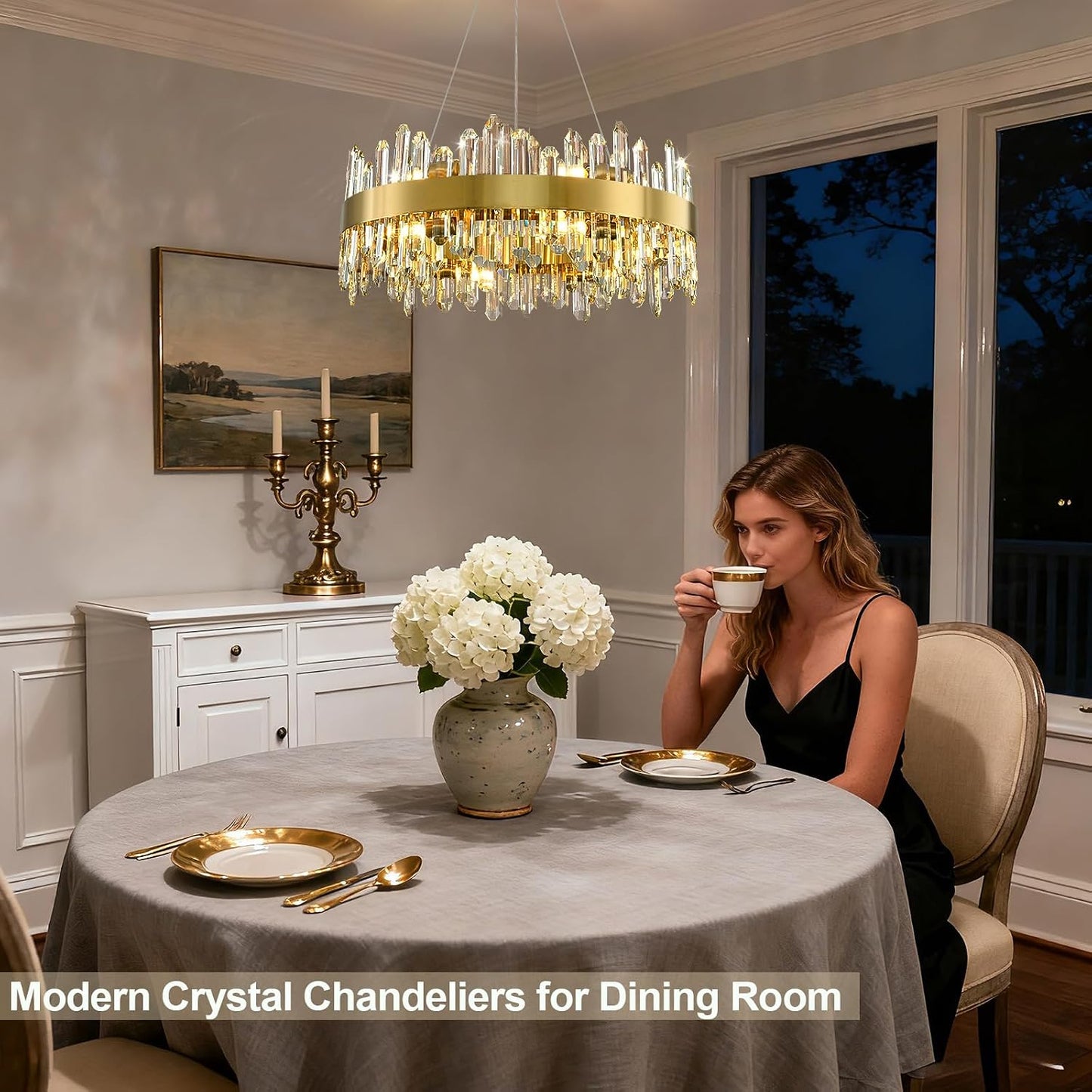 Candelabro cristal K9 24pulg 12 luces doradas sala comedor