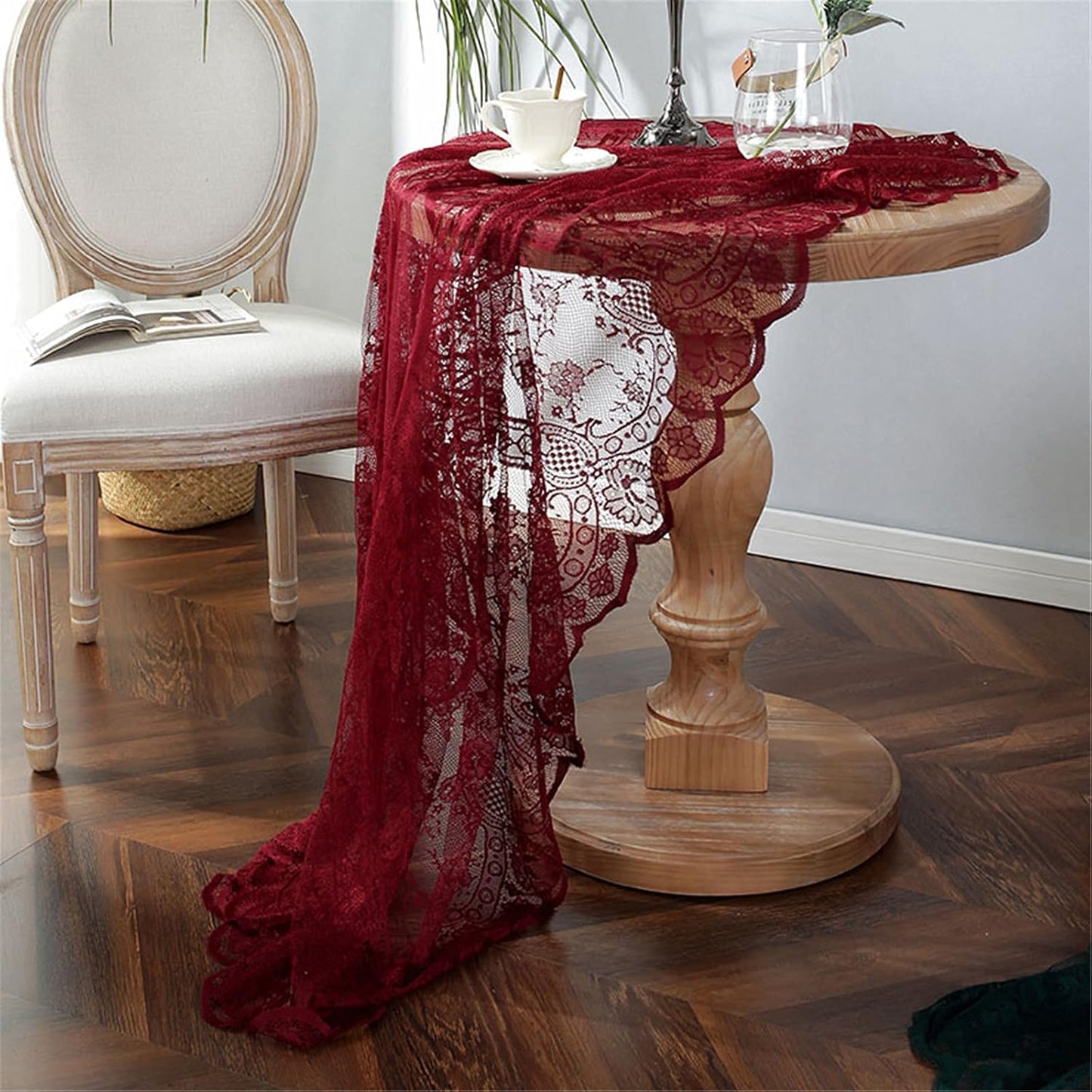 Mantel encaje rojo bordado floral redondo 60