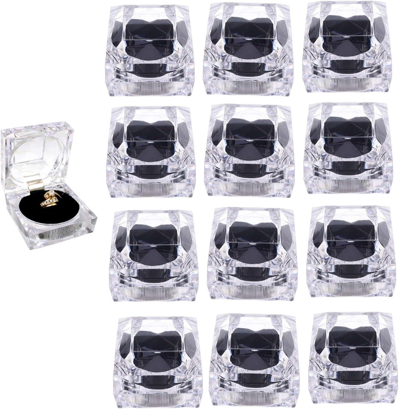 12 Cajas Regalo Anillos Cristal Acrílico Negro 1.8x1.8"