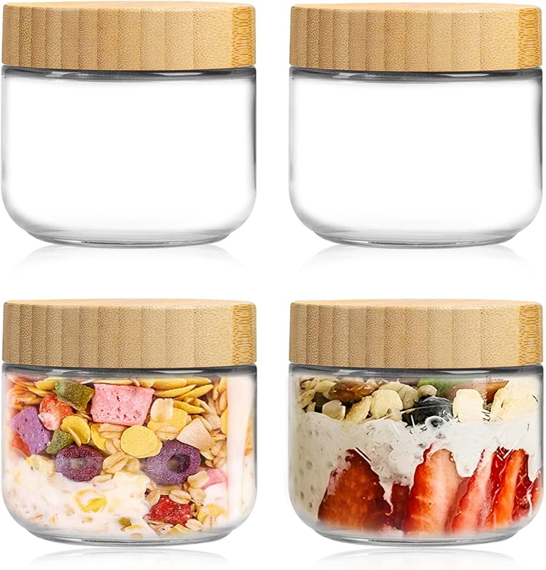 4 Tarros Vidrio Bambú 10oz Tapas Herméticas