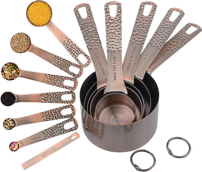 Set 12 Tazas y Cucharas Medidoras Acero Inox y Cobre