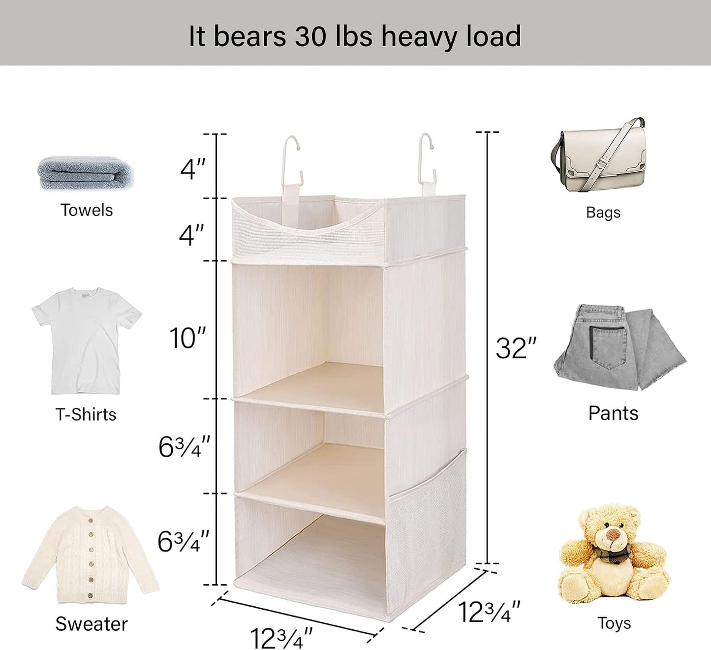 Organiz. colgante 3 estantes 12.75x12.75x32" blanco