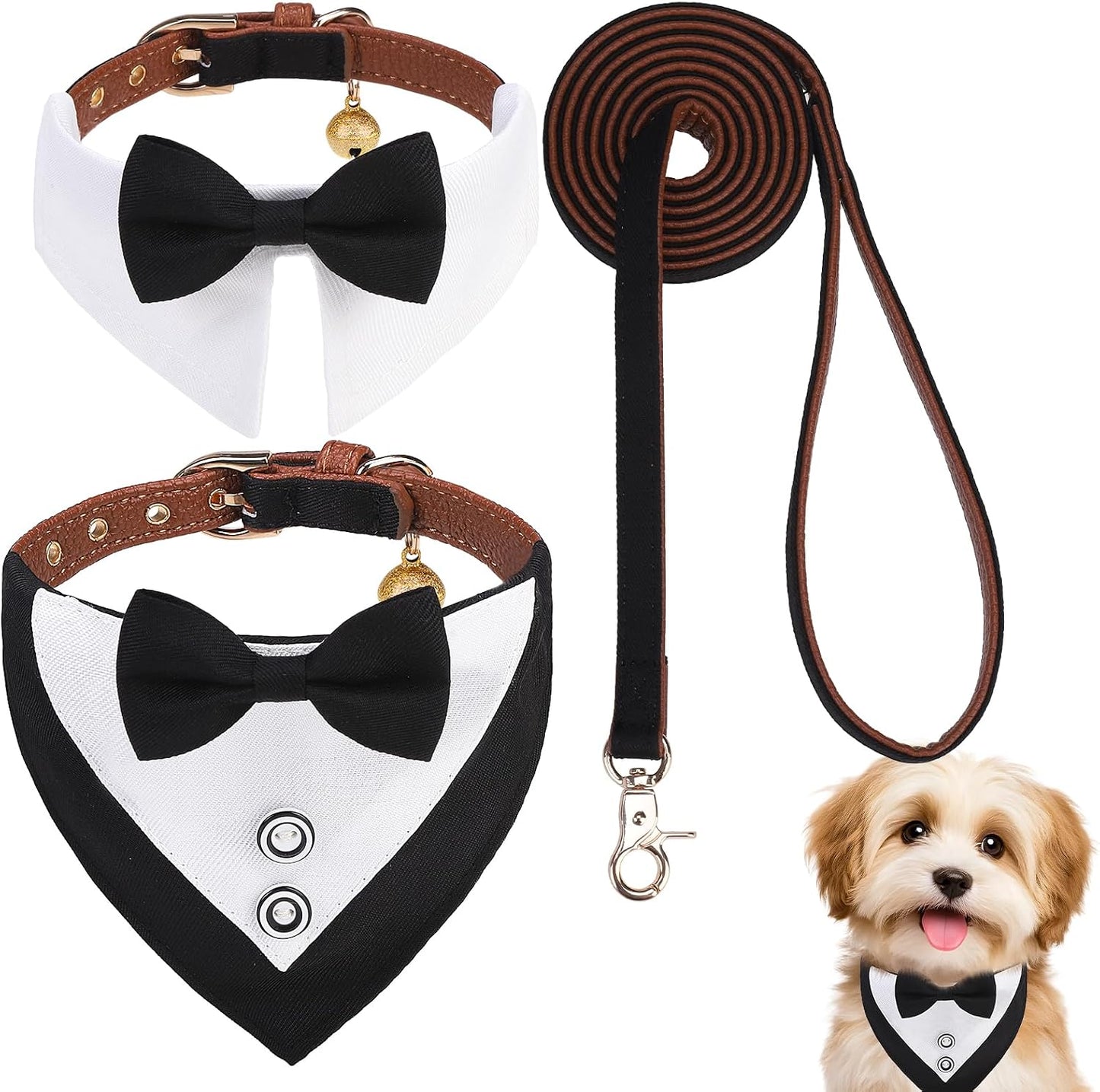 Conjunto collar y correa perro esmoquin con moño