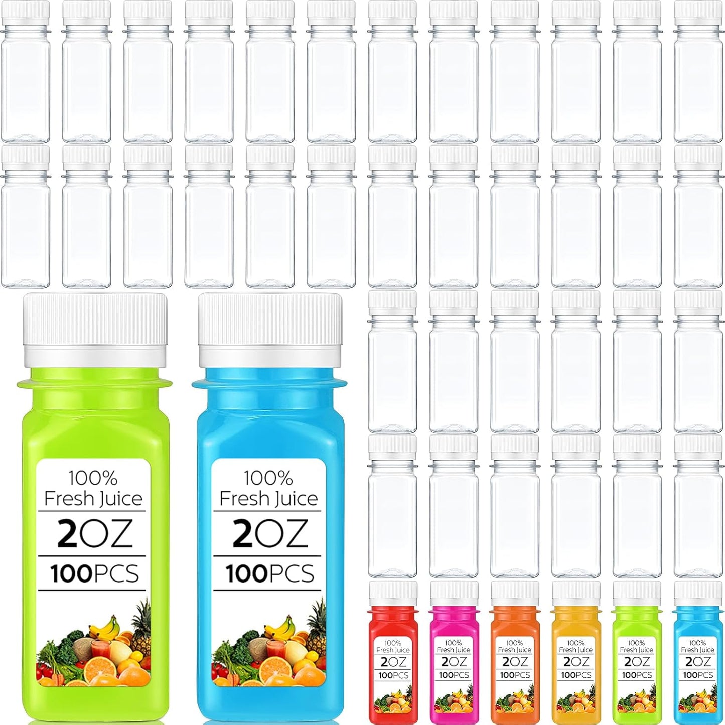 100 Botellas Plástico 2oz con Tapa Reutiliz.