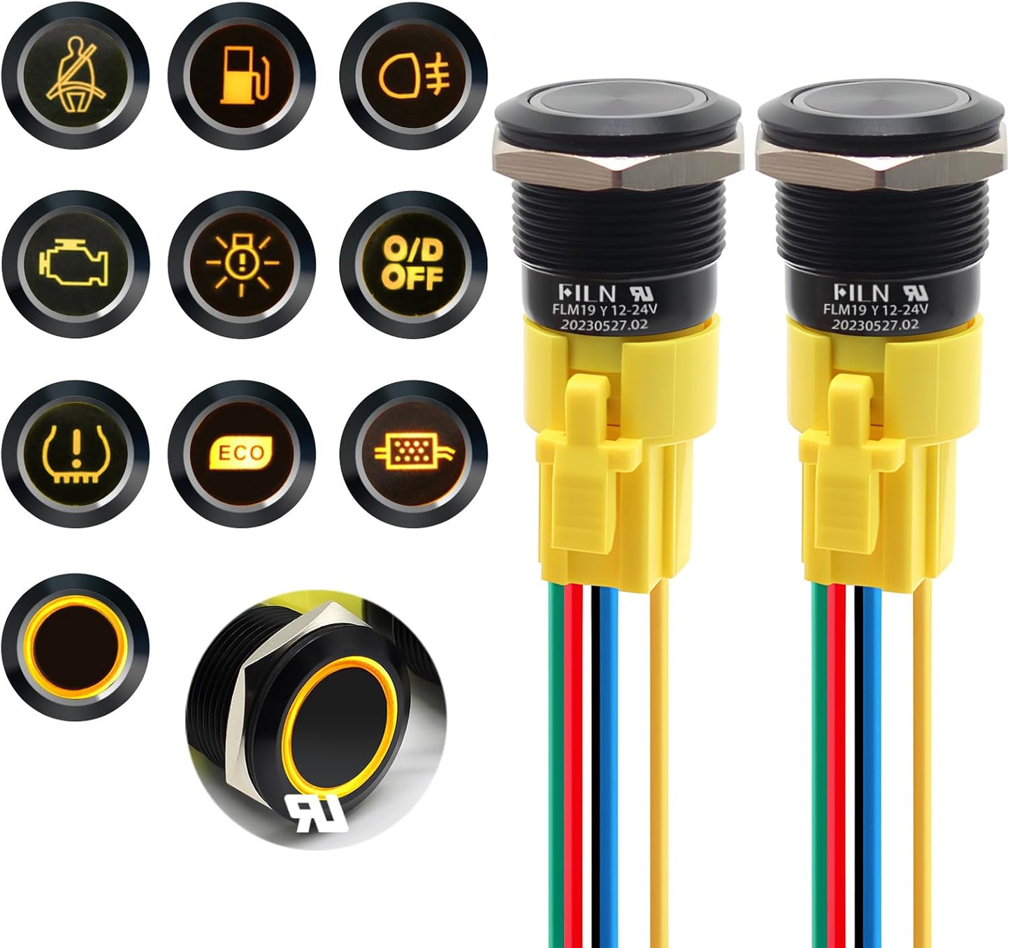 Interruptor botón pestillo 0.748pulg 12-24v cc led amarillo