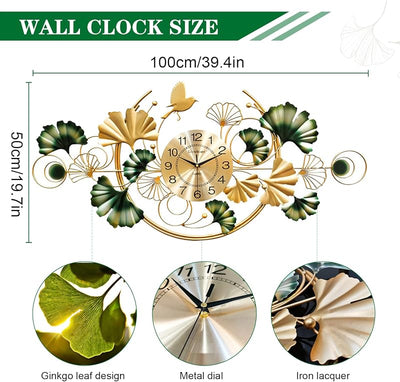 Reloj pared 47pulg metal 3D ginkgo decorativo bohemio