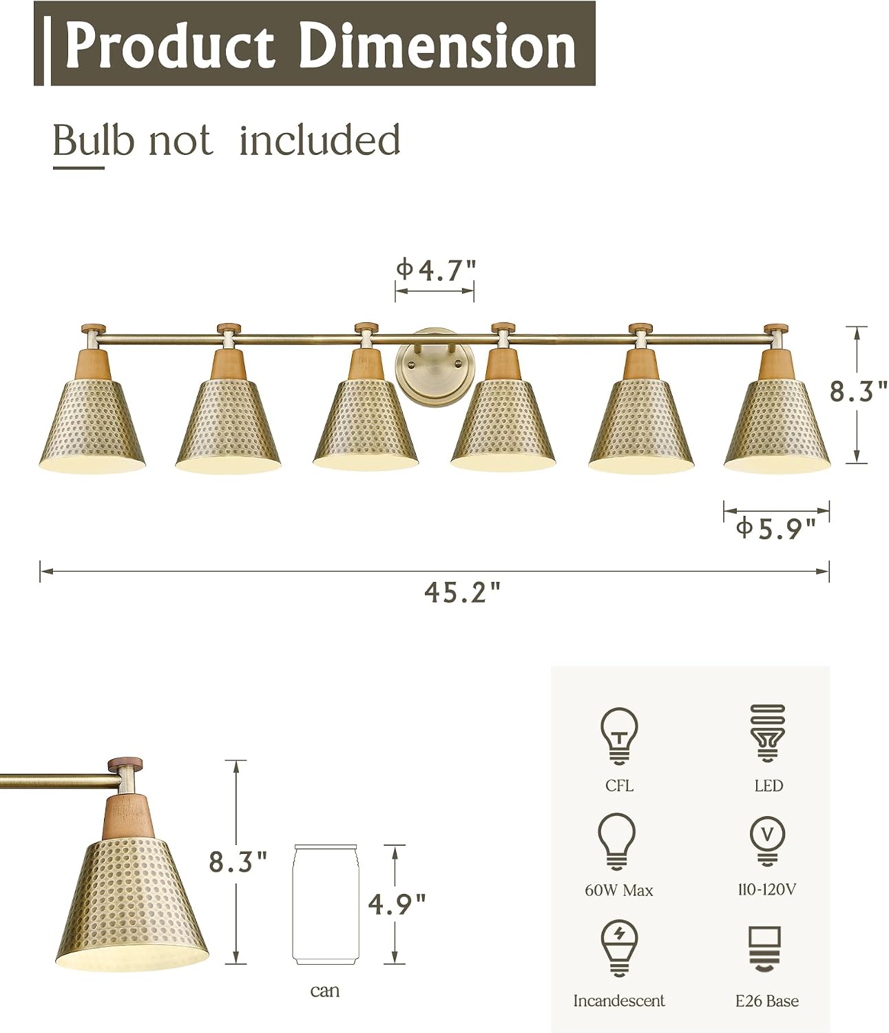 Lámpara baño latón 6 luces oro cepillado 45pulg