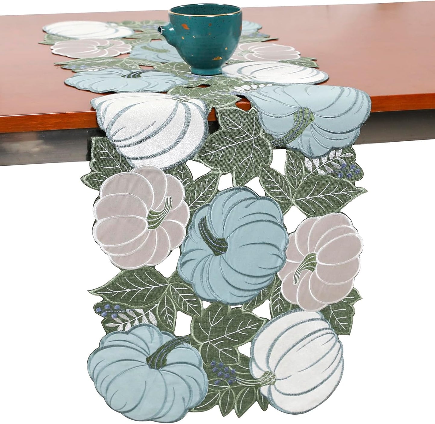Mesa Camino Calabaza Azul 90pulg Bordado Hojas Rectangular