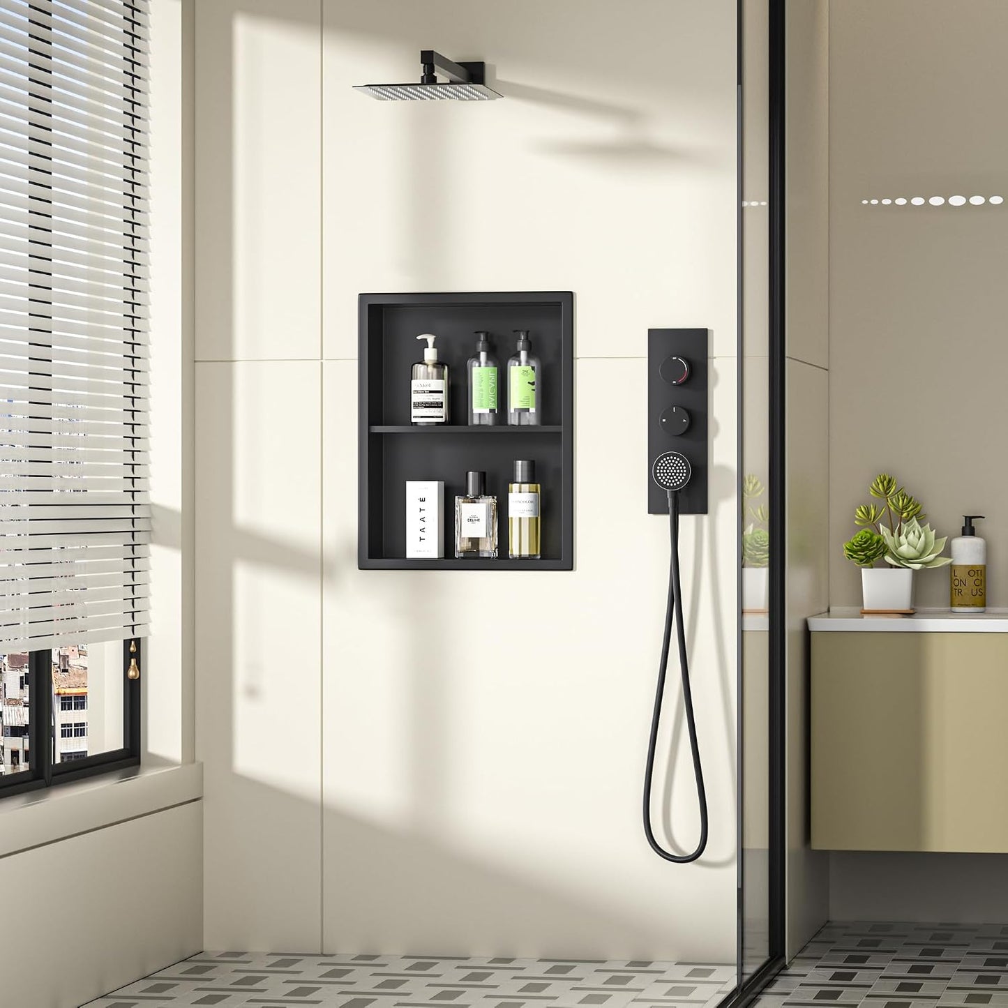 Nicho ducha acero inox 14x18" estante negro mate