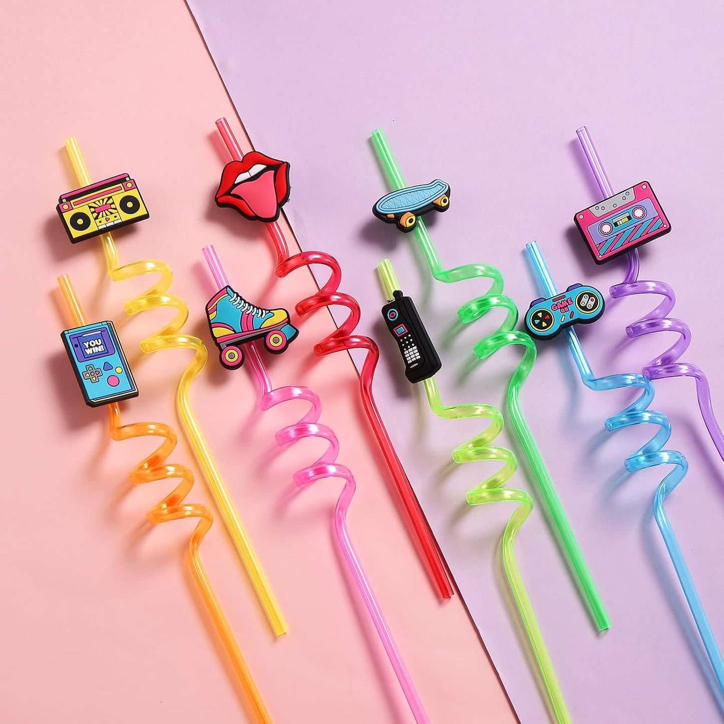 Pajitas retro 90s para fiestas con popotes y cepillo