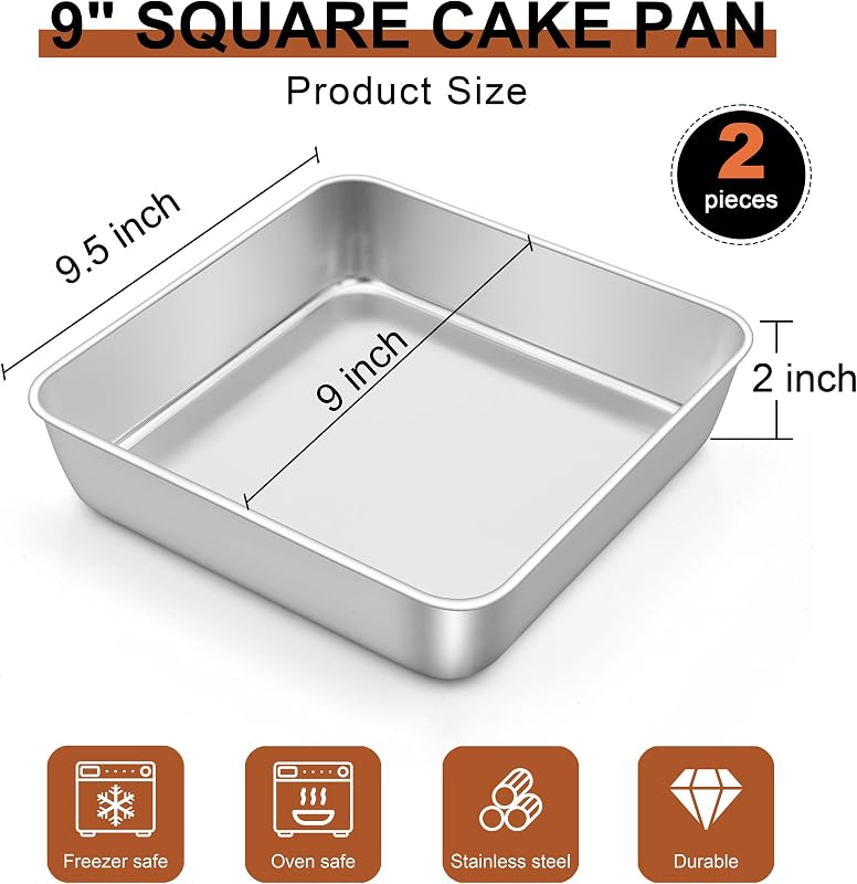 2 Moldes Cuadrados 9x9pulg Acero Inox para Hornear