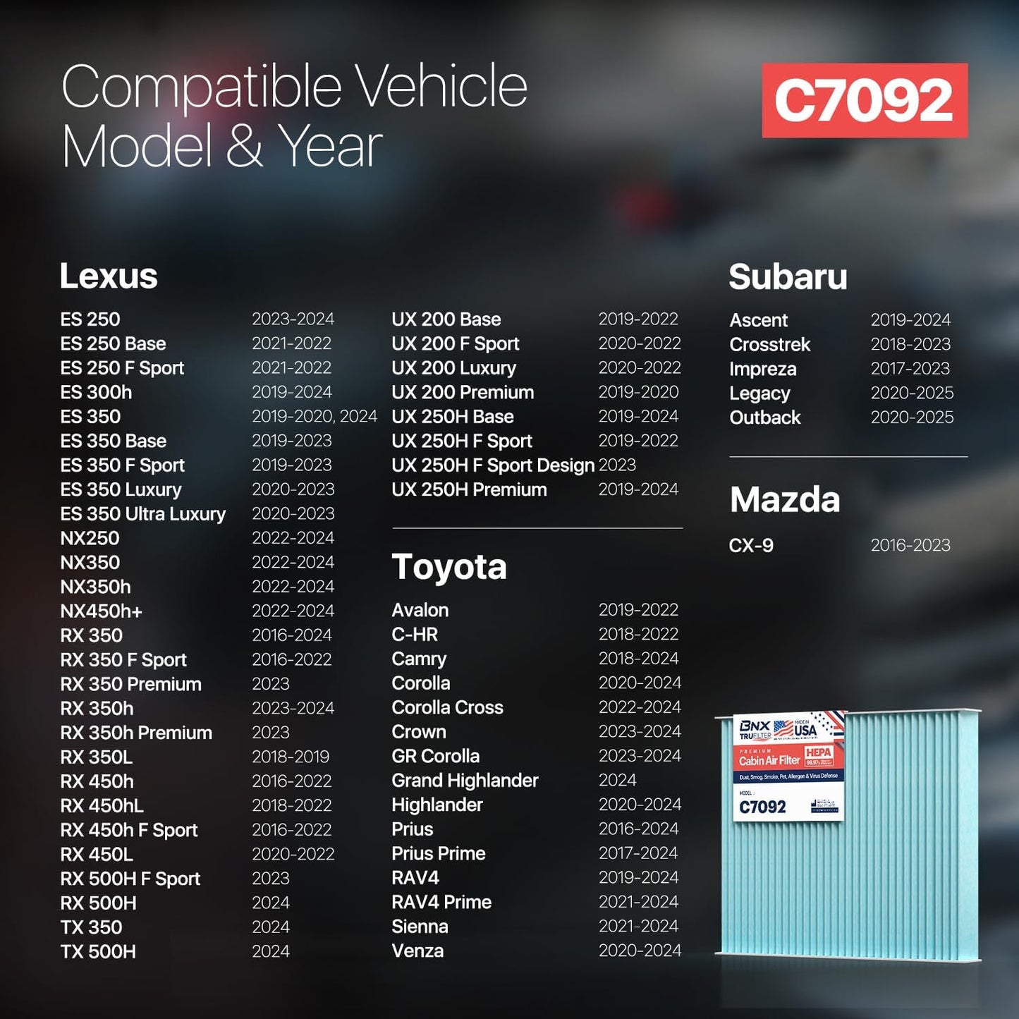 Filtro aire cabina HEPA comp Subaru Outback Toyota Prius