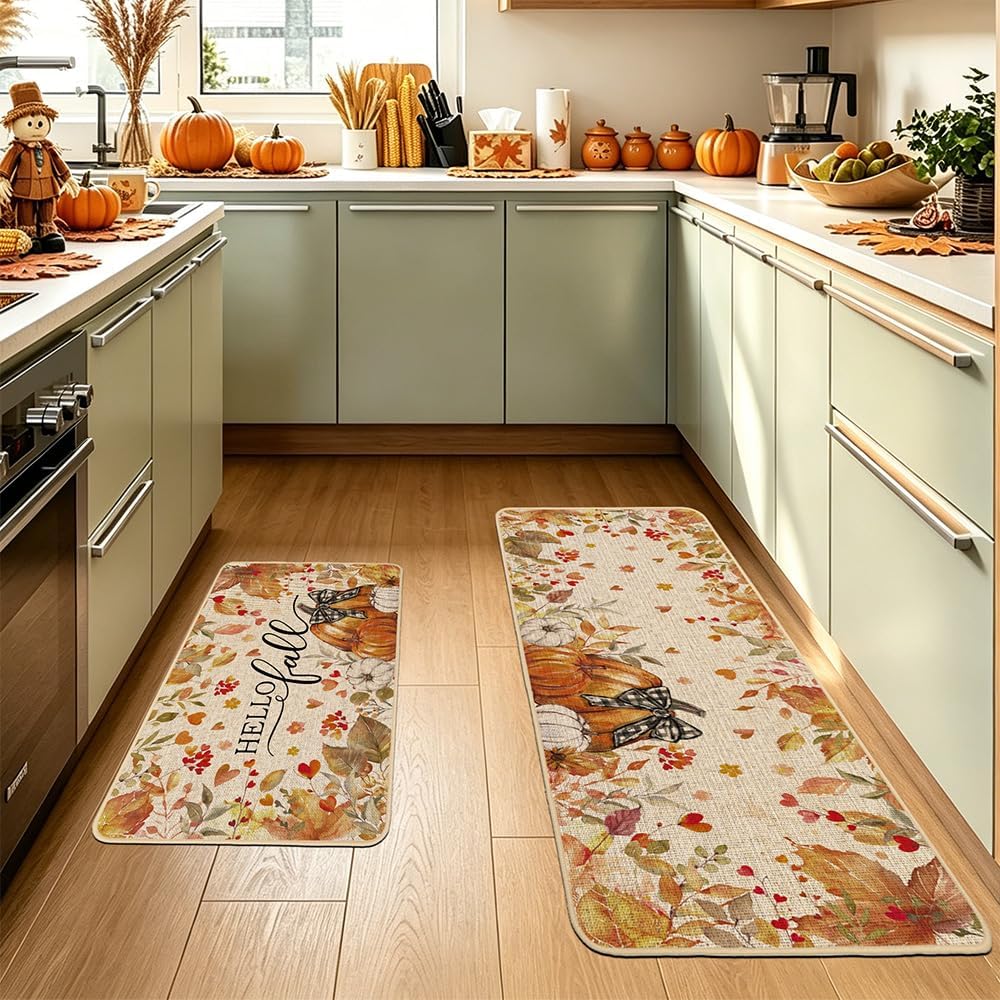 2 Tapetes Cocina Otoño Calabaza Hojas Florales Bajo Perfil