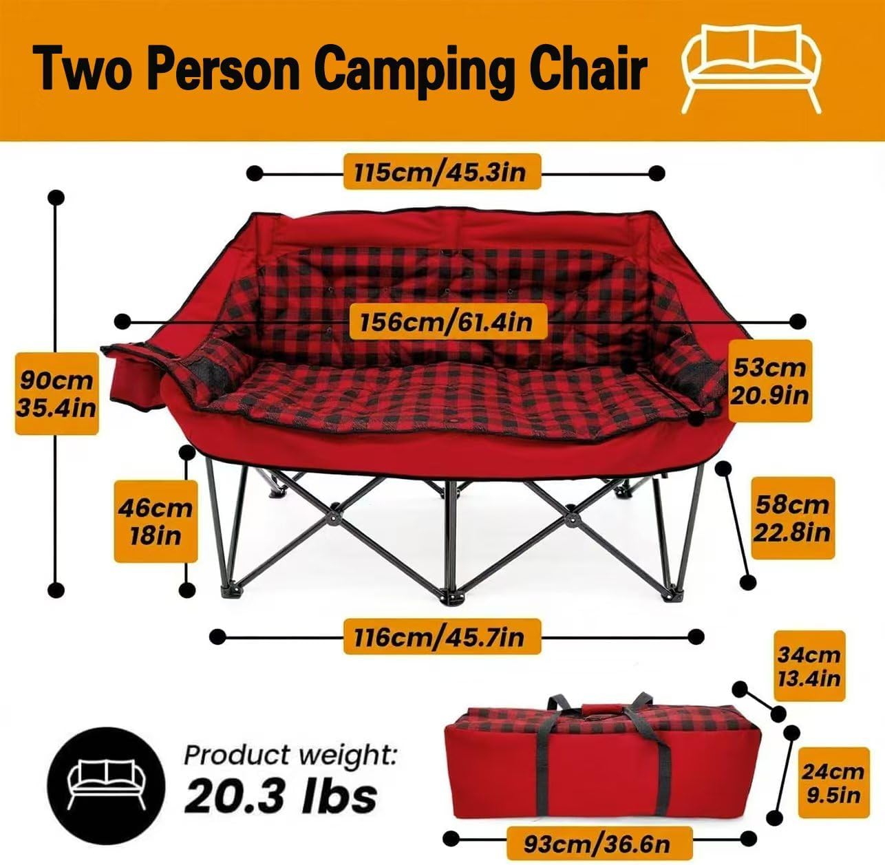 Silla camping doble acolchada plegable para 2 personas