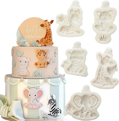 5 moldes de silicona para fondant de cebra, elefante, león y jirafa