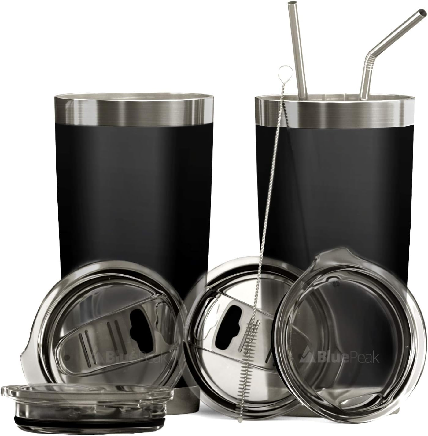 Set 2 Vasos Aislados Acero Inox 20oz Negro con Tapas y Popotes