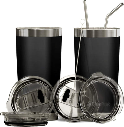 Set 2 Vasos Aislados Acero Inox 20oz Negro con Tapas y Popotes