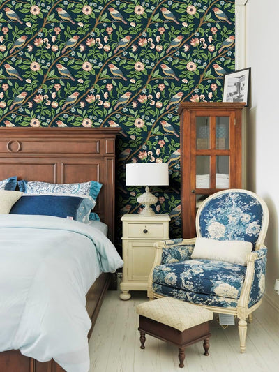Papel tapiz autoadhesivo vintage con diseño de pájaros florales