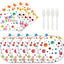 Set 75 platos servilletas y tenedores 7pulg lunares arcoíris