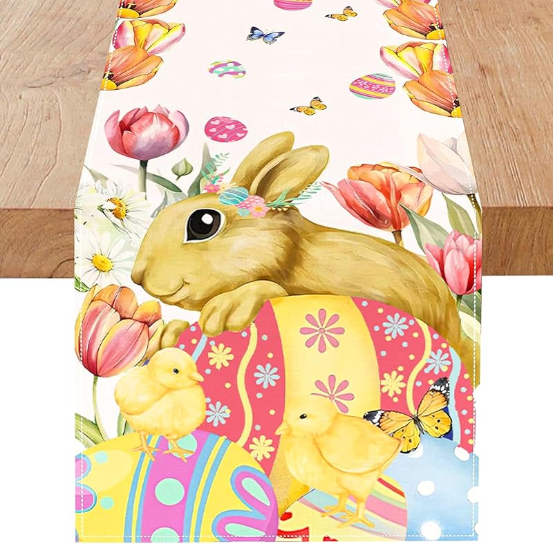 Camino mesa Pascua conejo mariposa tulipán decorativo 13
