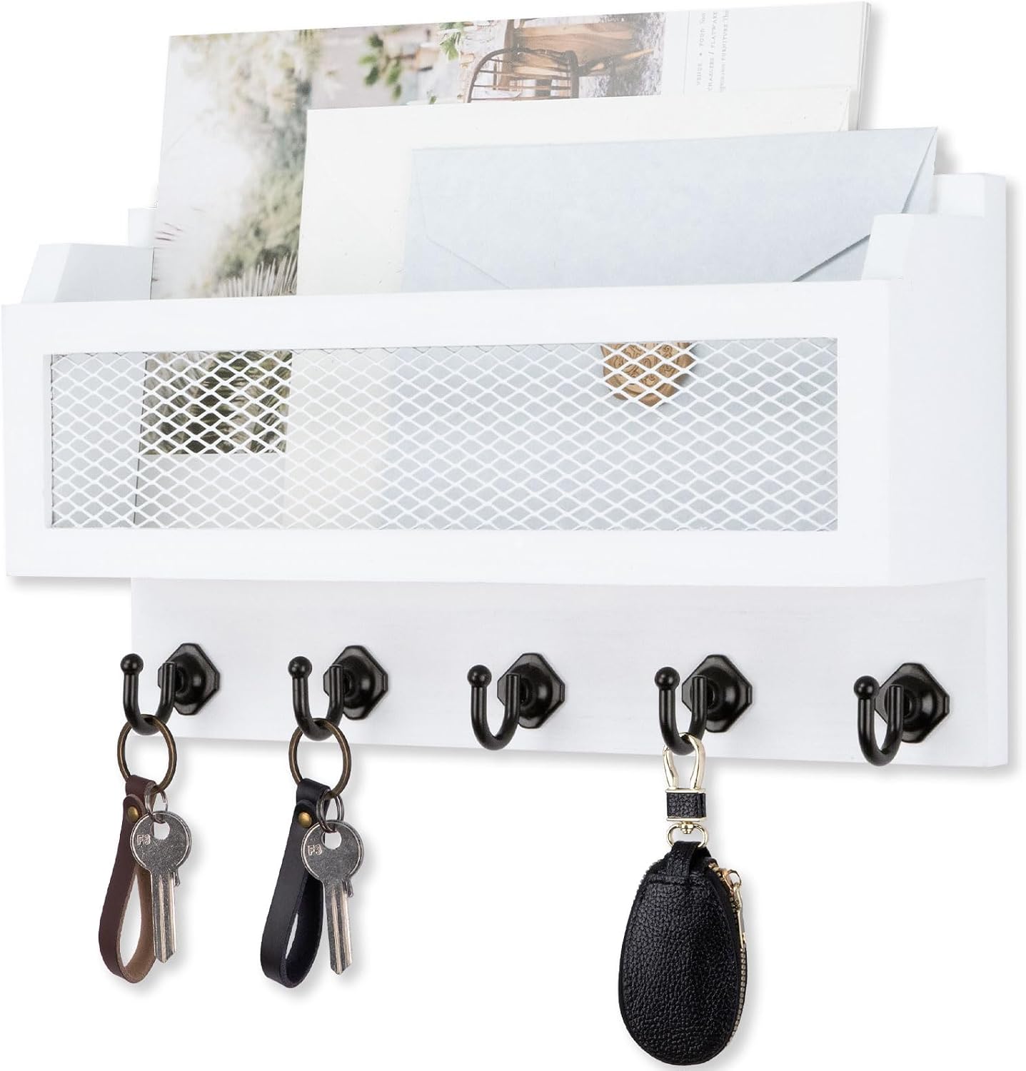 Soporte llaves y correo pared madera 11" 5 ganchos blanco