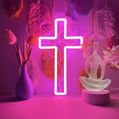 Letrero neón cruz rosa LED religioso para dormitorio USB