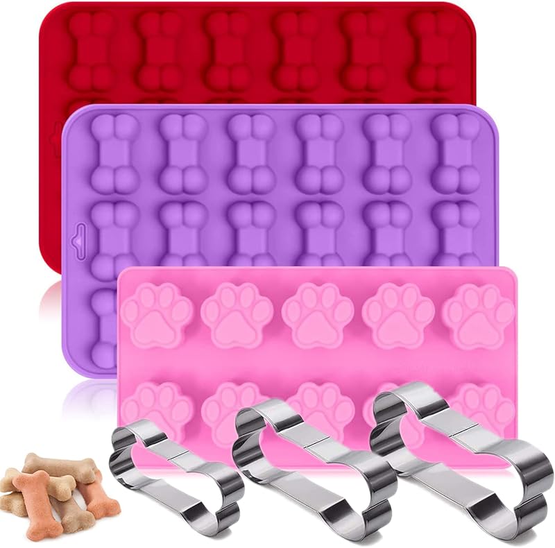 Set 6 Moldes Silicona Pata Hueso Perro y 3 Cortadores Acero Inox