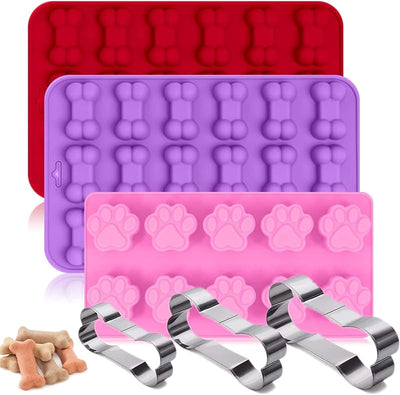 Set 6 Moldes Silicona Pata Hueso Perro y 3 Cortadores Acero Inox