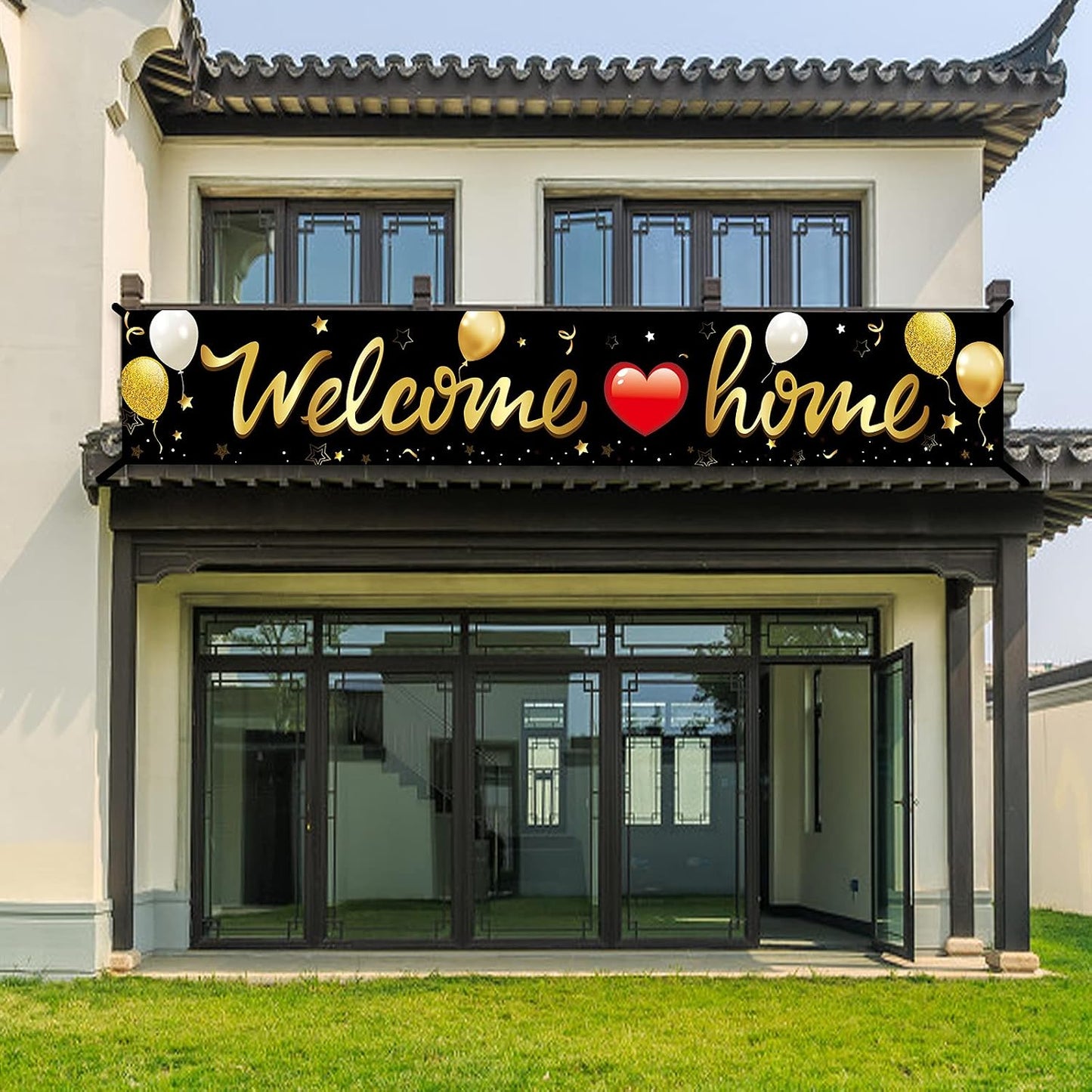 Pancarta Bienvenida a Casa Negro Dorado para Exterior