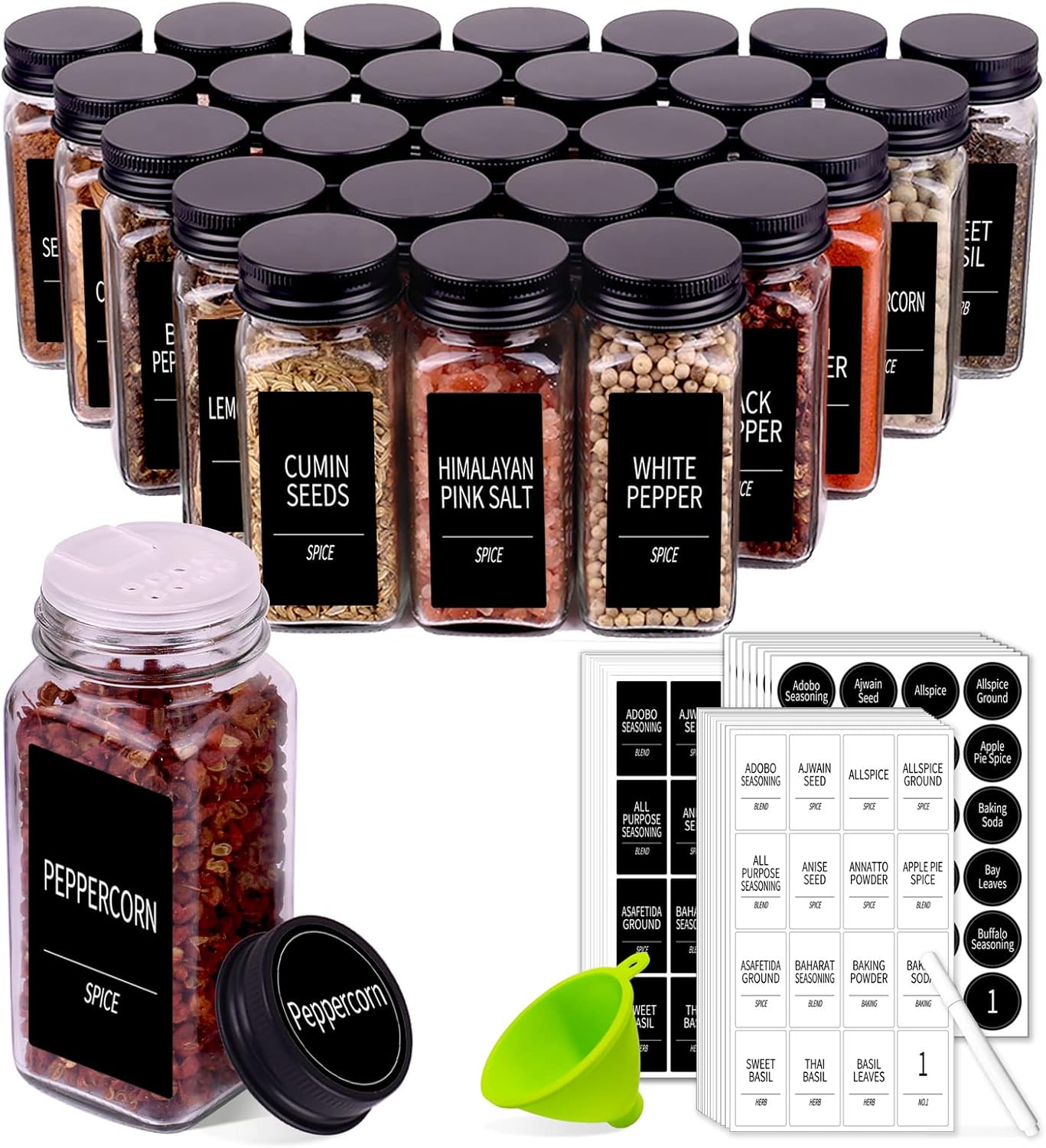 48 Tarros Especias Vidrio 4oz Tapas Negro con Etiquetas