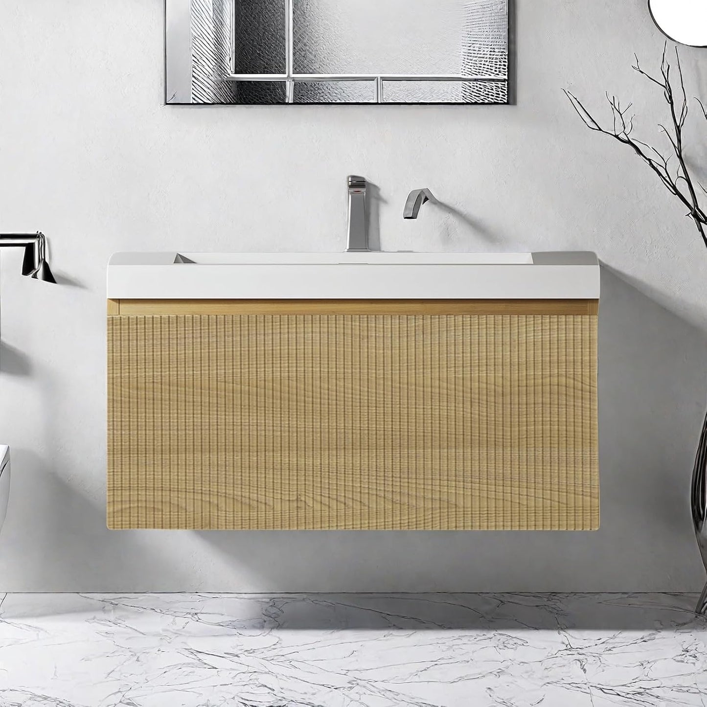 Lavabo flotante pared 30pulg resina cajón U madera rayas