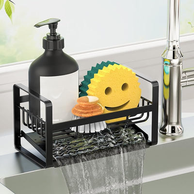 Soporte esponja acero inox con bandeja drenaje y dispensador jabón