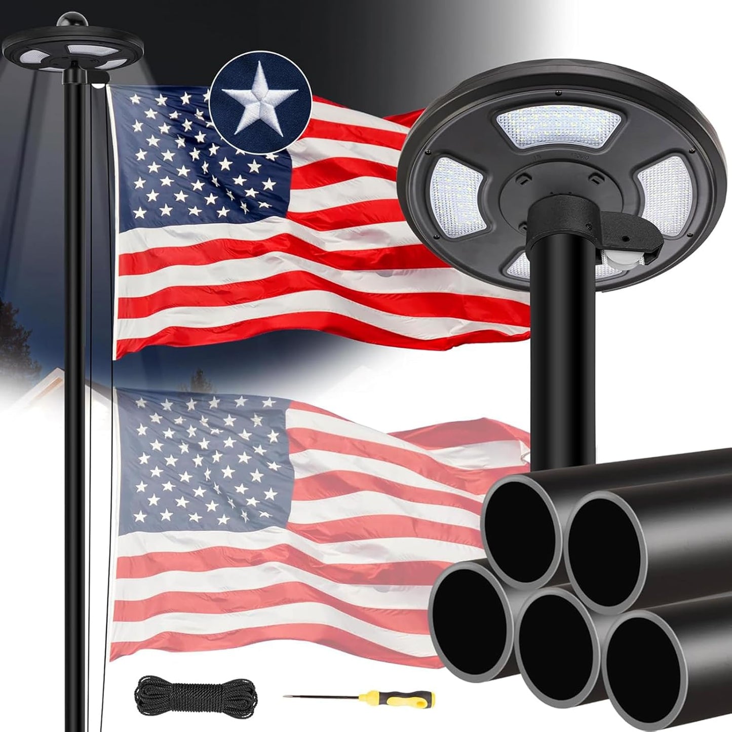 Kit asta bandera negra 25ft con bandera 3x5ft y luz solar