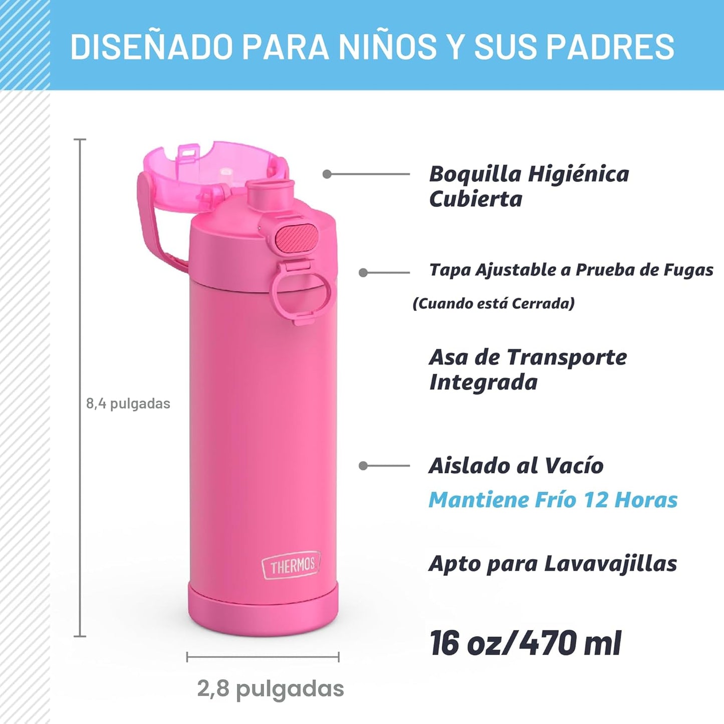 Botella acero inox aislada 16oz tapa ancha rosa neón sin BPA