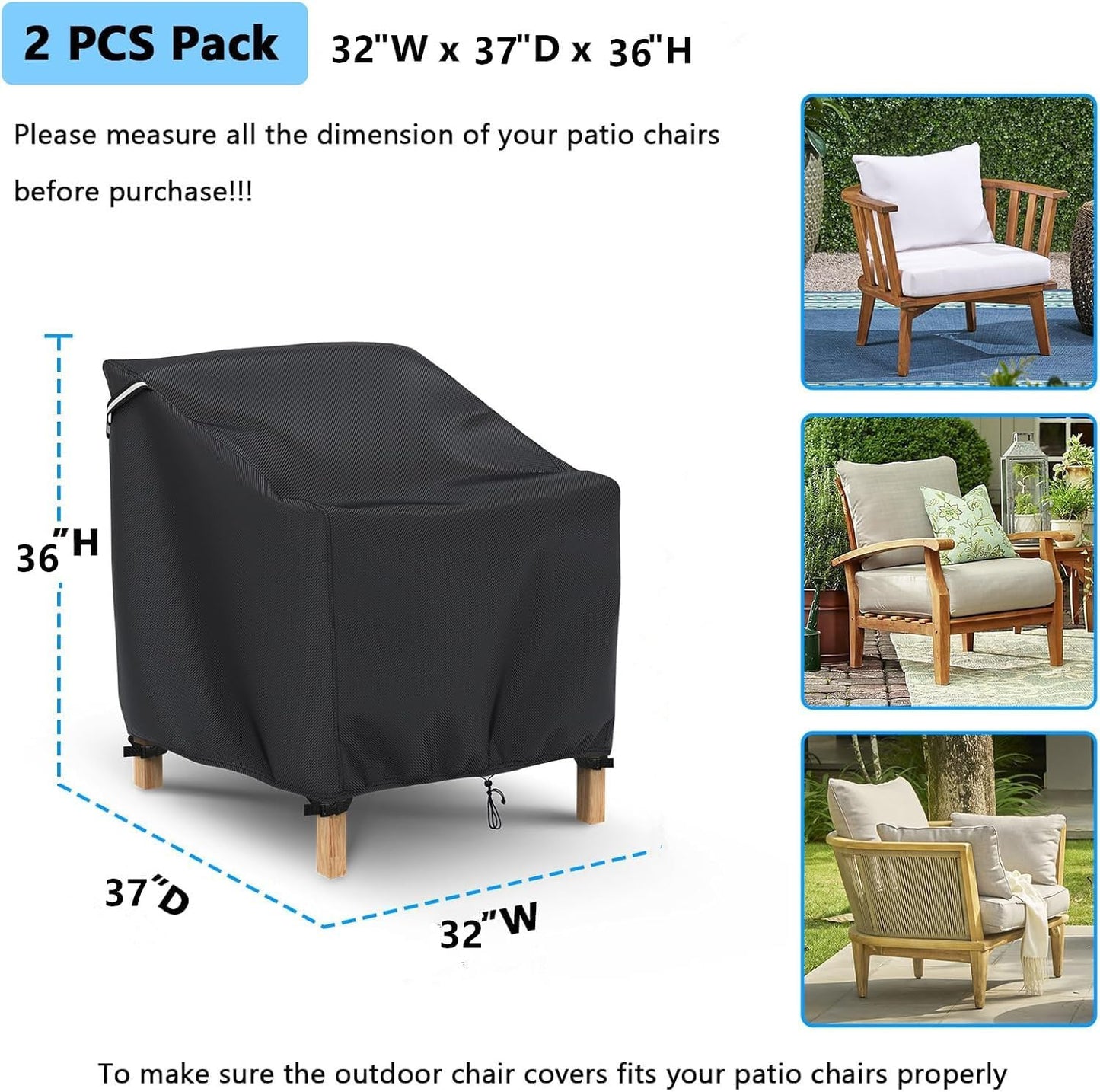 2 Pzas Fundas Silla Patio 32x37x36" Color Negro Resistentes