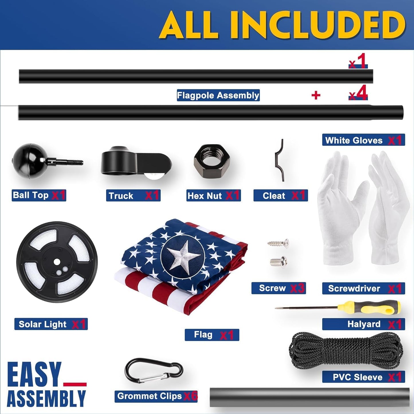 Kit asta bandera negra 25ft con bandera 3x5ft y luz solar