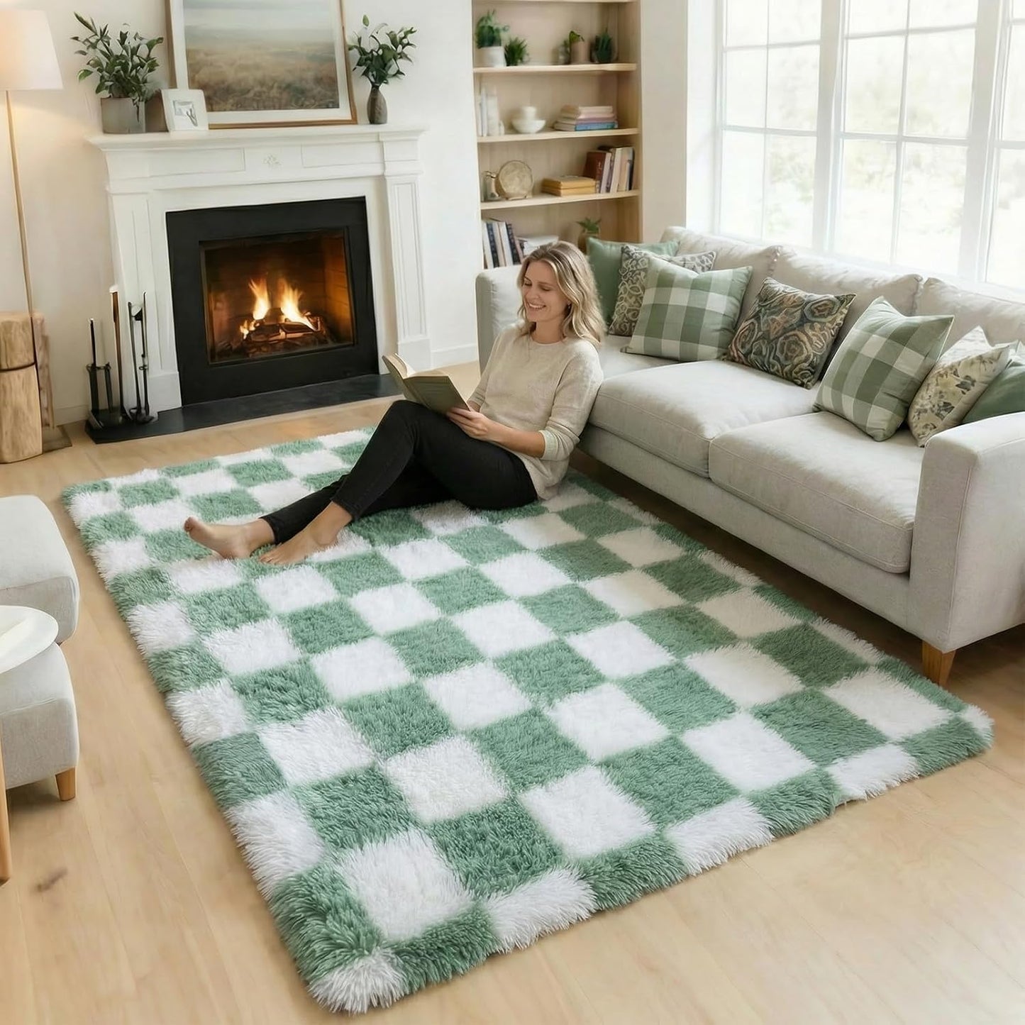 Alfombra cuadros verde salvia dormitorio sala