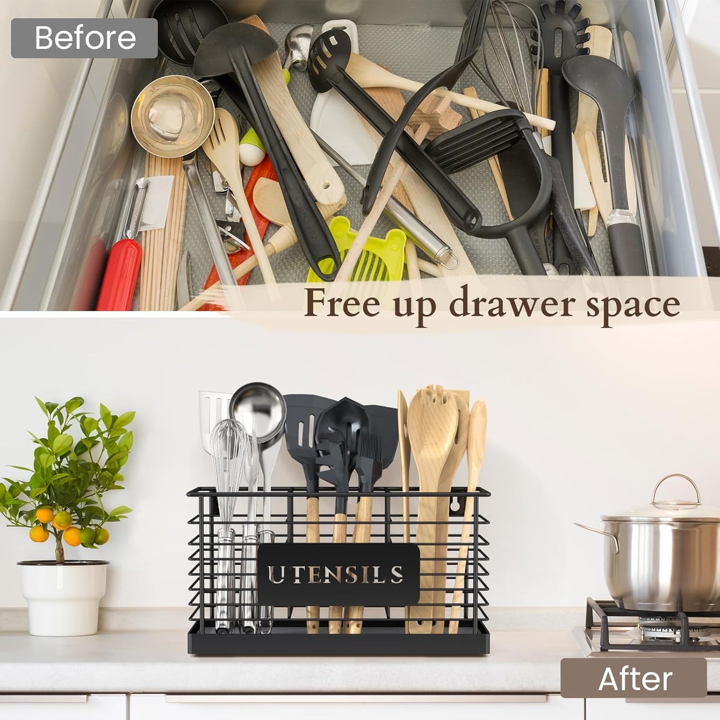 Soporte utensilios cocina metal negro 3 compartimentos