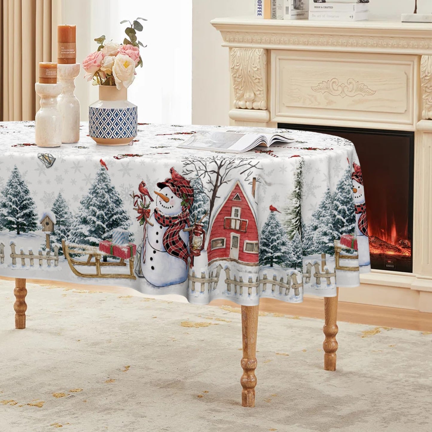 Mantel Navidad 60x84pulg Blanco Lavable para Fiesta