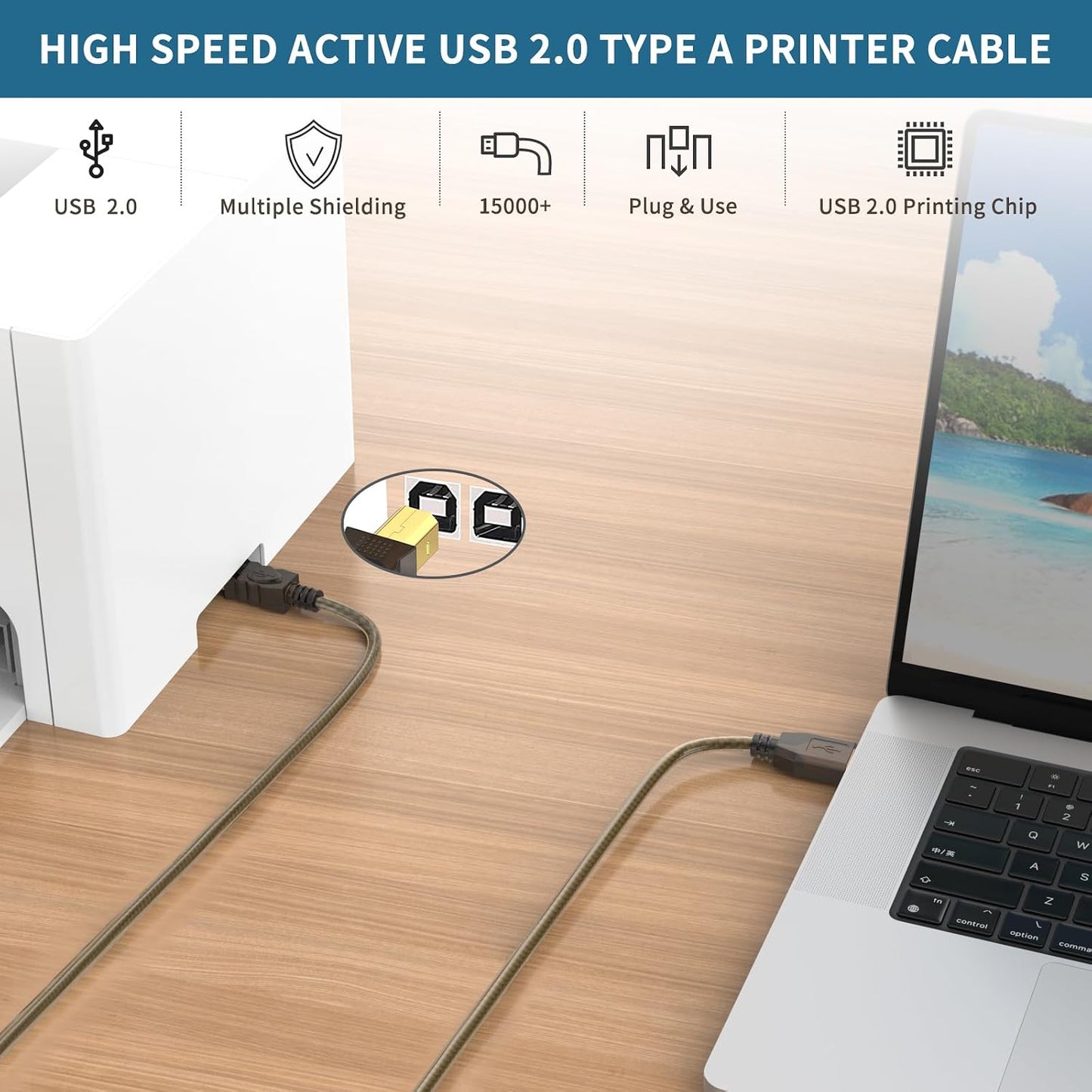 Cable USB 2.0 80pies activo para impresora escáner fax
