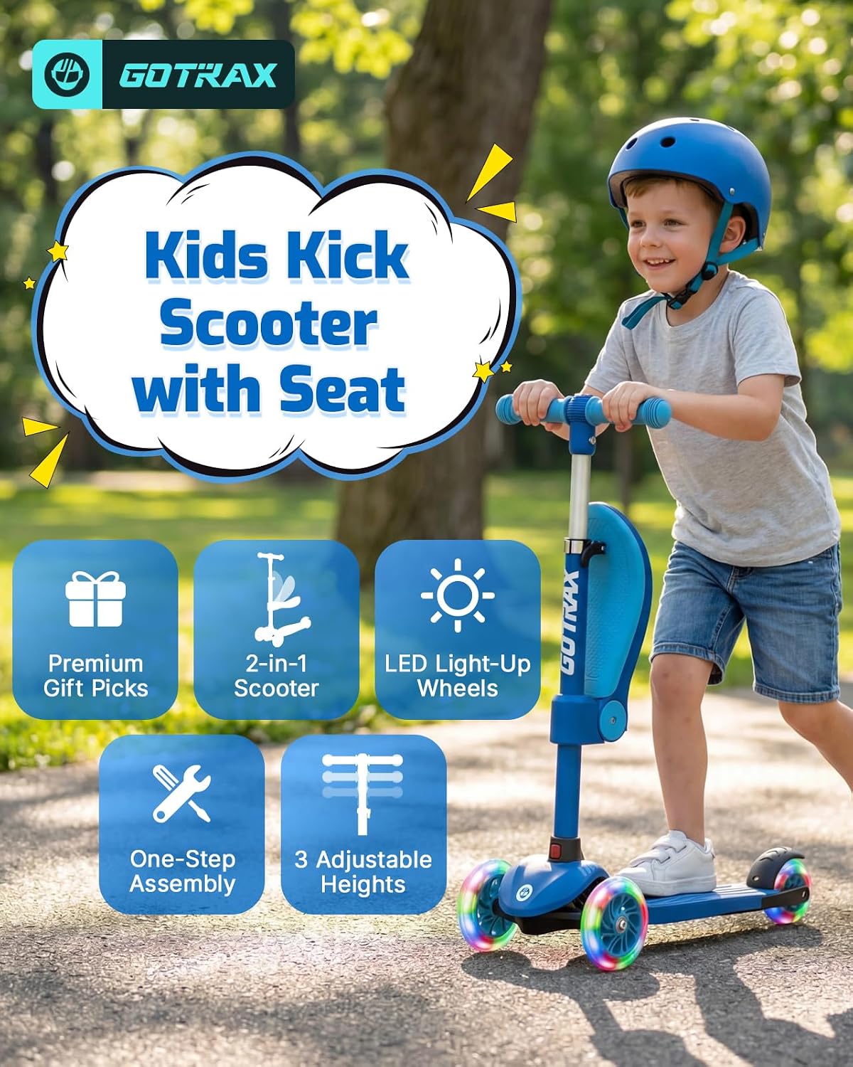 Patinete 3 ruedas niños con luces LED y manubrio ajustable