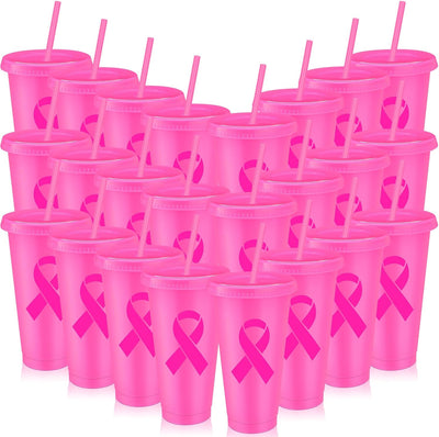 24 Vasos Plástico Cáncer Mama con Tapas Pajitas 24oz