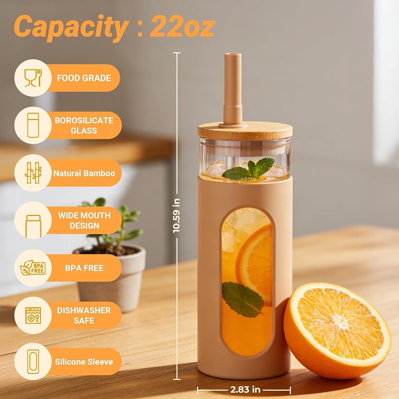 Vaso vidrio borosilicato 22oz con pajilla tapa reutiliz.