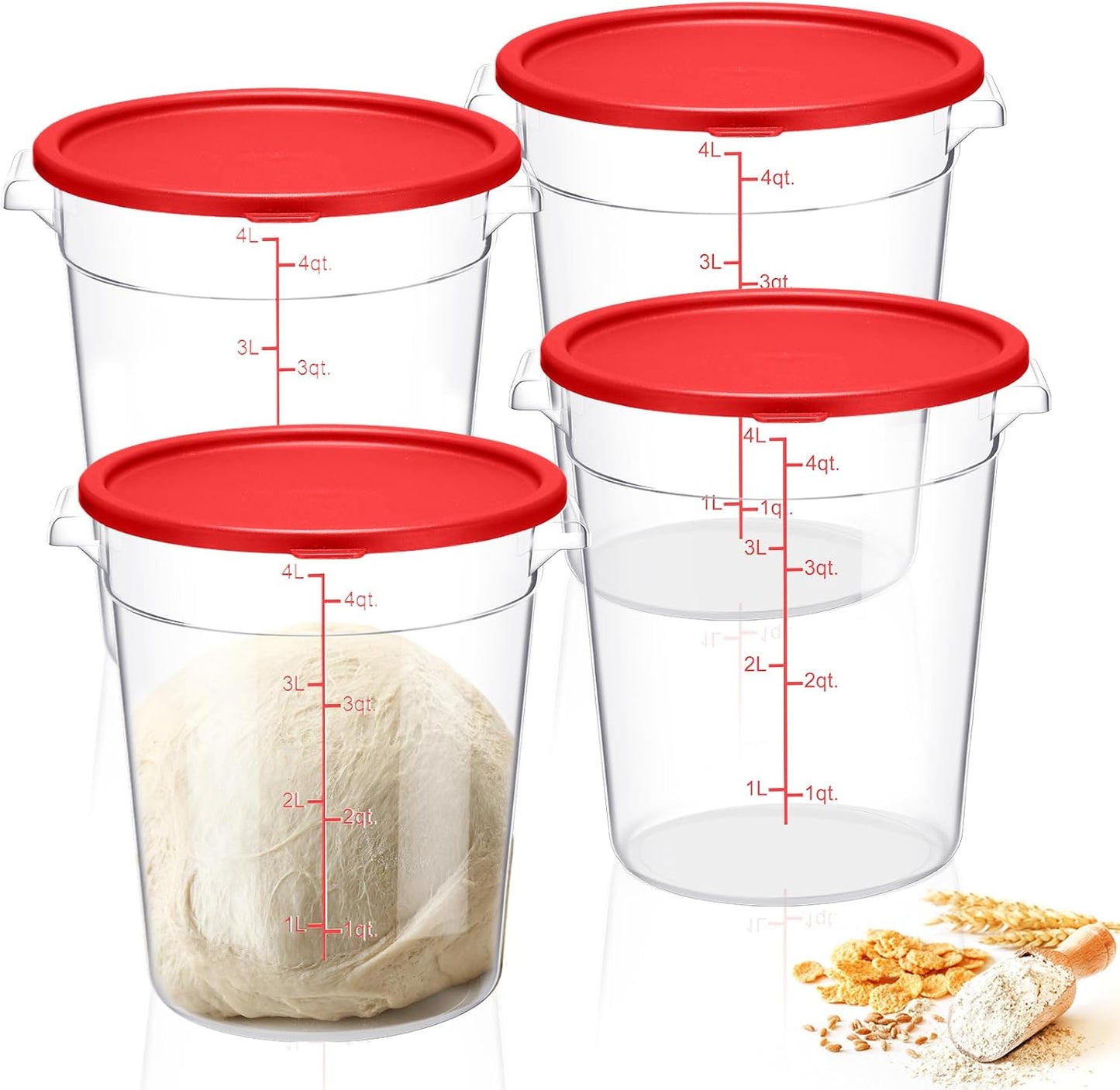 4 Recipientes 4qt Almacenamiento Pan Harina Rojo
