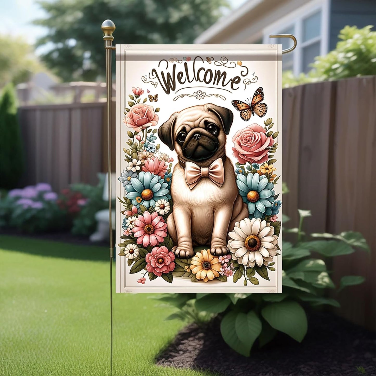 Bandera jardín diseño floral perro carlino 12x18pulg doble cara