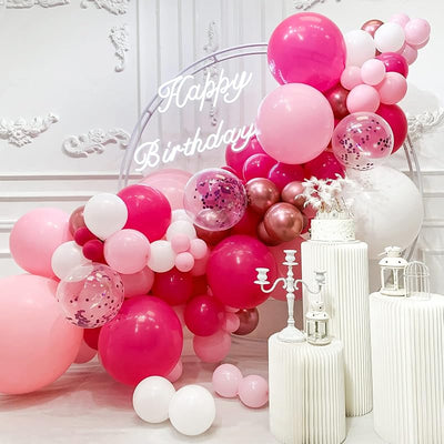 Kit arco globos rosa intenso y blanco para cumpleaños y fiestas