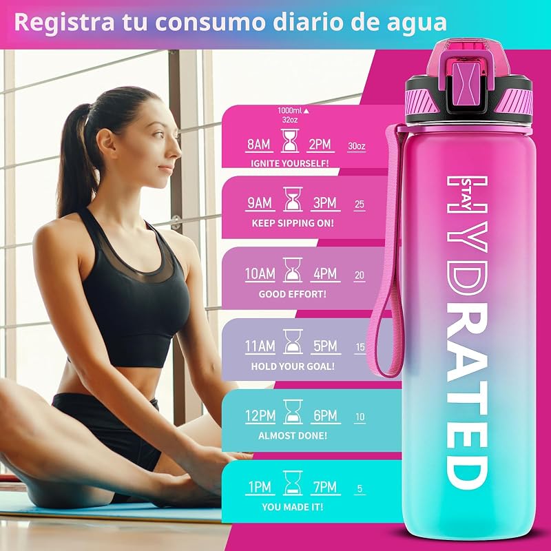 Botella agua deportiva 1 litro con popote correa Tritan sin BPA